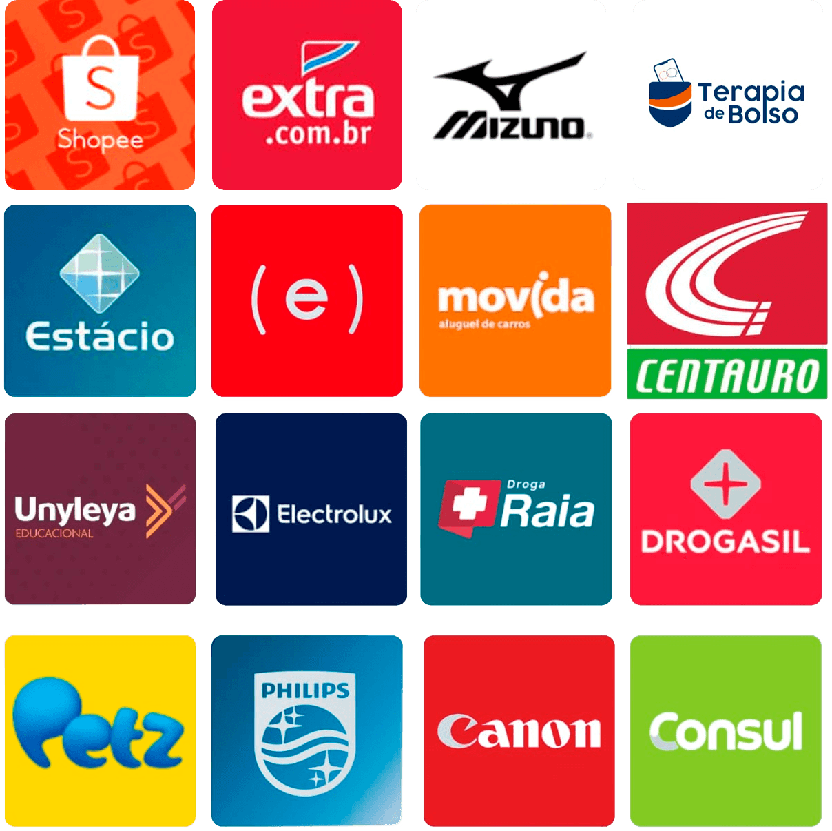 Logotipos de marcas parceiras do ClubeSintra: Shopee, Extra, Mizuno, Terapia de Bolso, Estácio, Movida, Centauro, Unyleya, Electrolux, Droga Raia, Drogasil, Petz, Philips, Canon, Consul, entre outras.